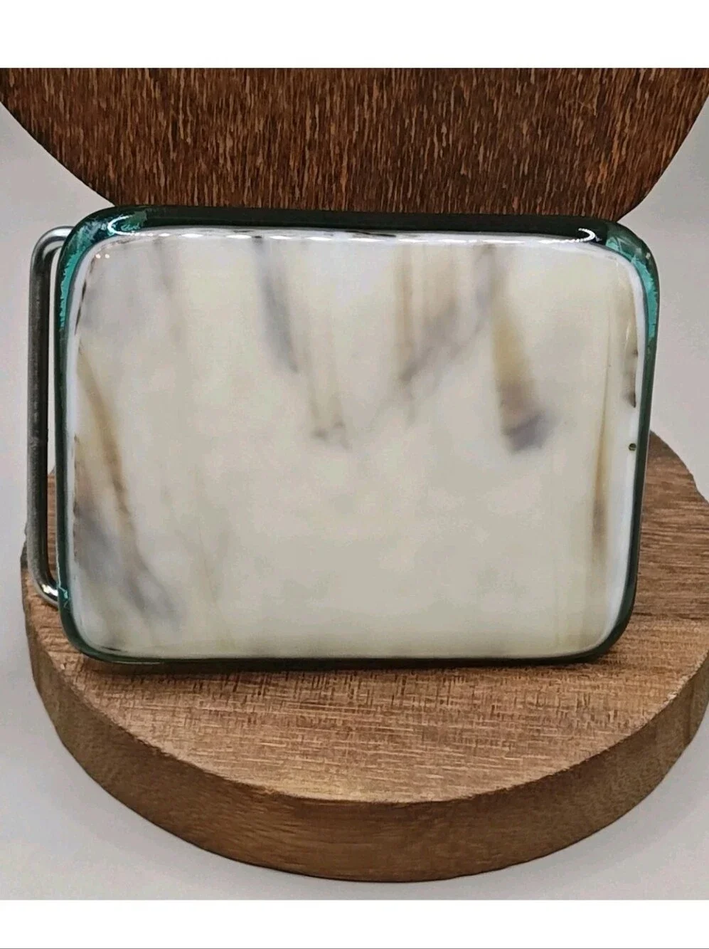 Recycled Mexican Art Glass Square Belt Buckle White Brush Stroked Statement Boho